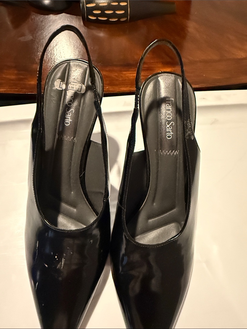 Franco Sarto Black Patent Slingback Pointed-Toe Mules